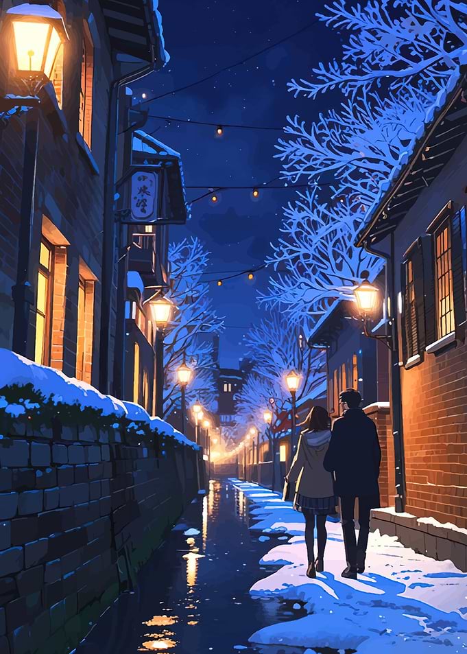 Couple Walking Through Snowy Winter Street