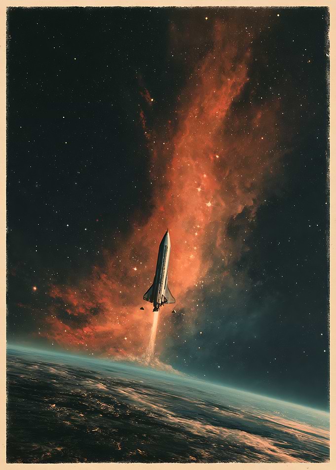 Space Shuttle Launching into Nebula