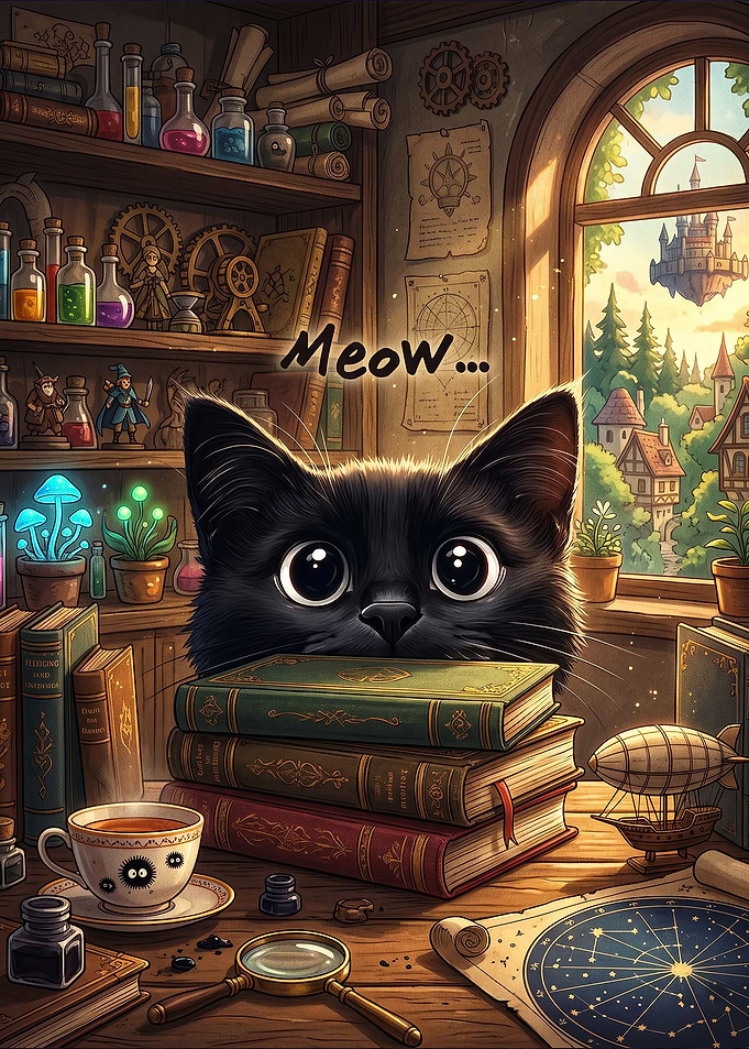 Cute Black Cat in Wizard Study