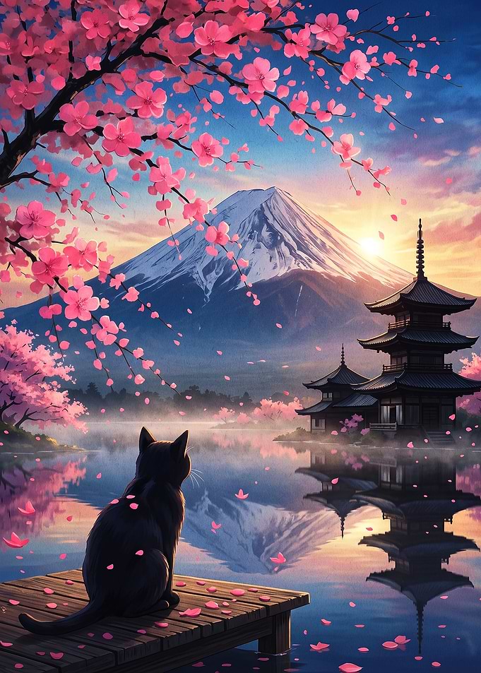 Black Cat Watching Mount Fuji