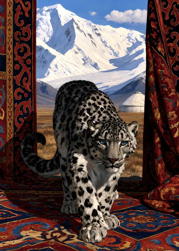 Snow Leopard Entering a Yurt