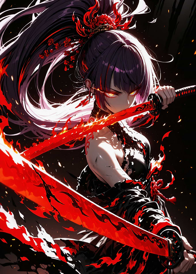Anime Warrior Girl with Flaming Swords