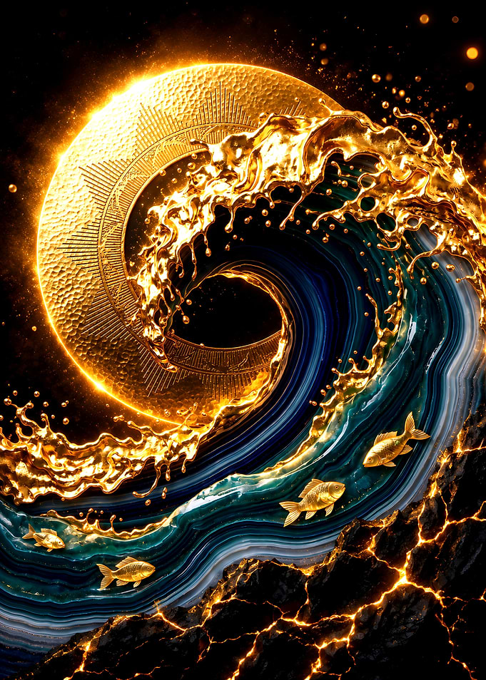 Golden Fish in Abstract Wave