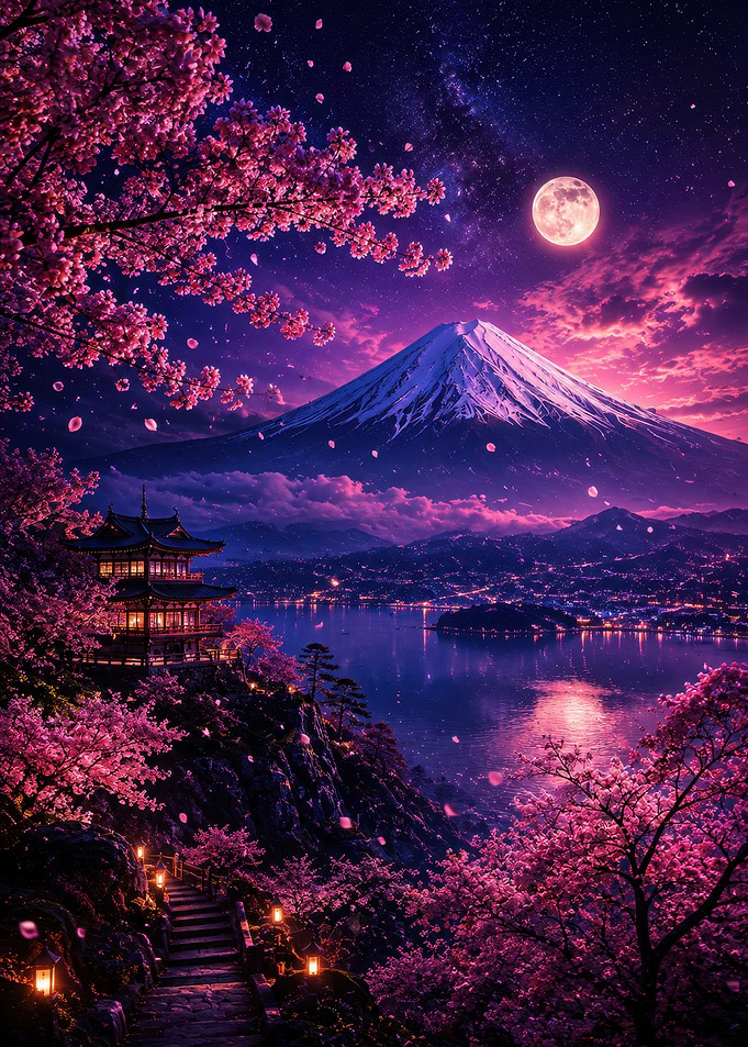 Mount Fuji Under Pink Moonlight