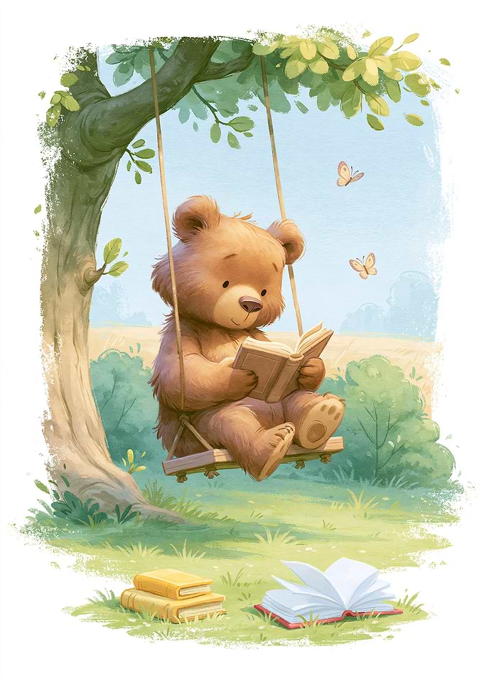 Reading Bear on a Swing – Whimsical Nursery Art