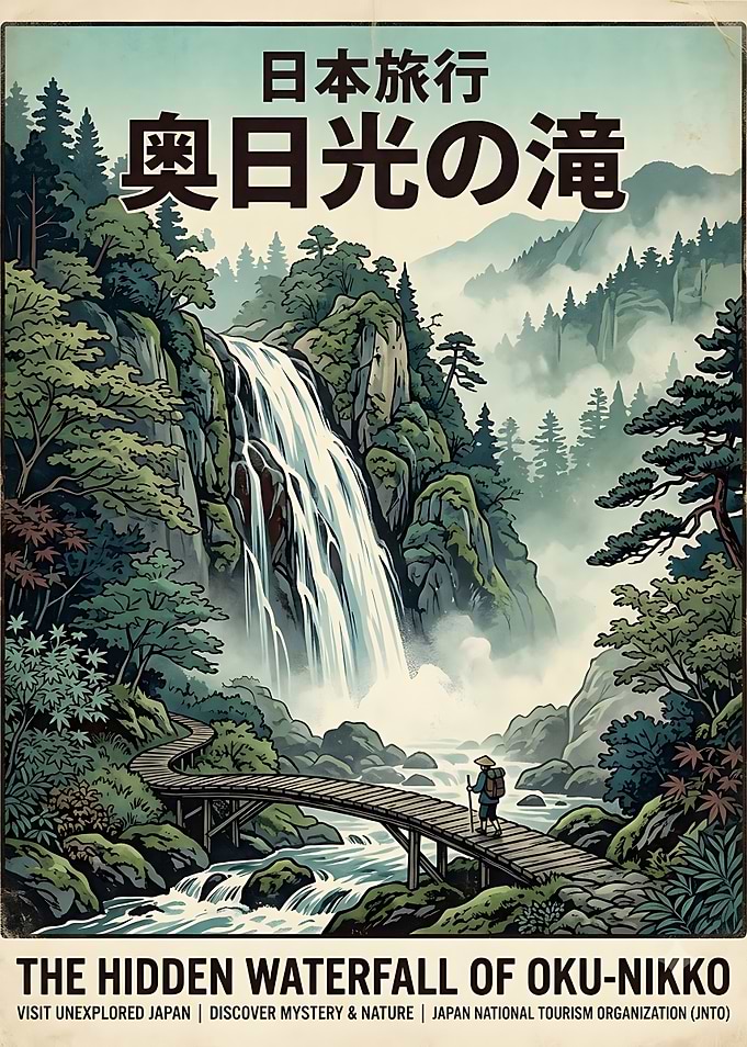 Vintage Oku-Nikko Waterfall Travel Poster