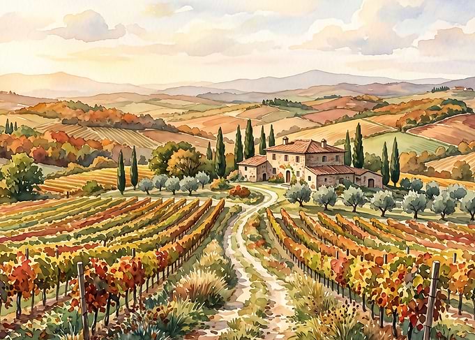 Tuscan Vineyard Landscape Watercolor Painting