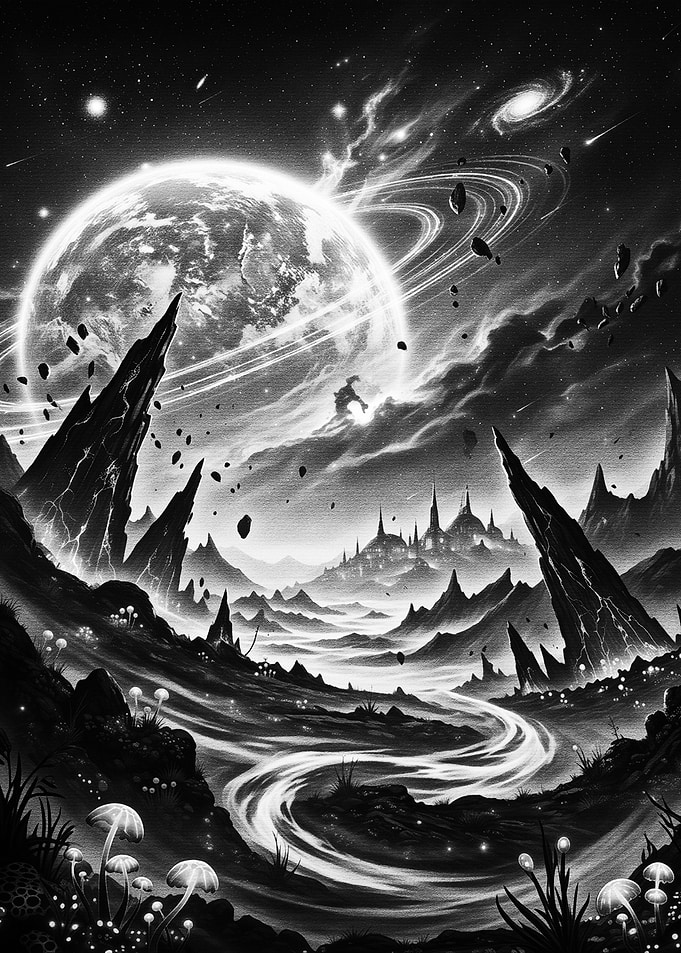 Surreal Alien Landscape with Ringed Planet