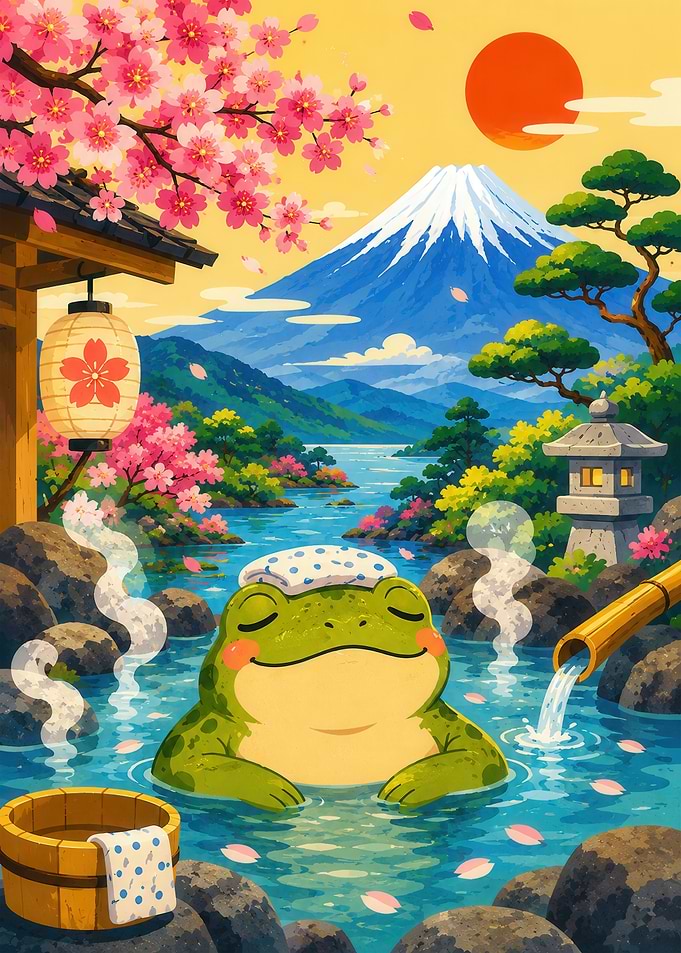 Cute Frog Relaxing in Hot Spring