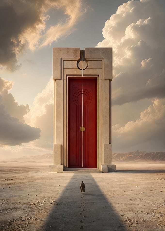 Lone Traveler Approaching Monumental Red Door