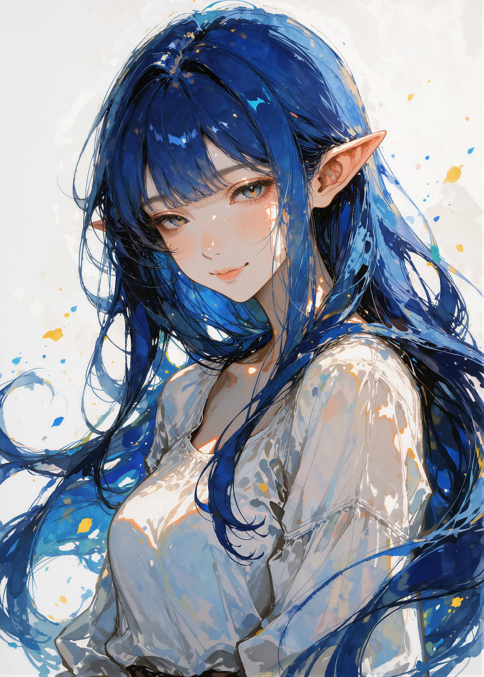 Luminous Blue-Haired Elf Portrait