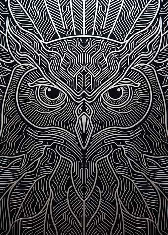 White electronic circuit board pattern owl face