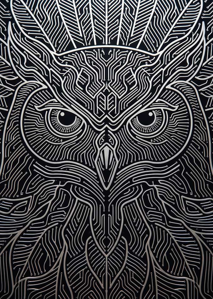 White electronic circuit board pattern owl face