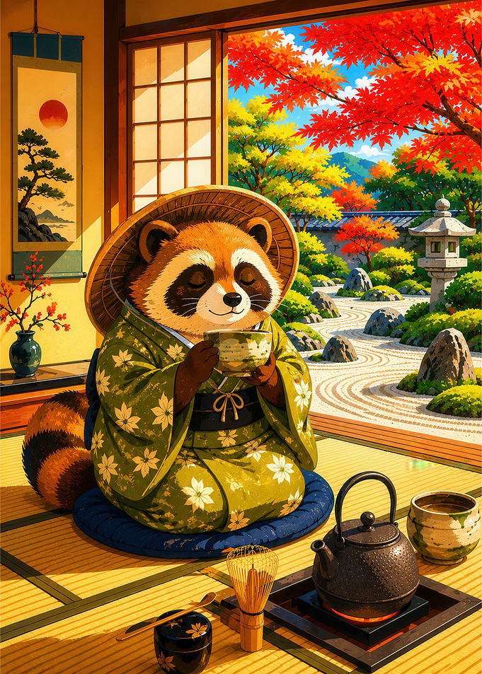 Tanuki Enjoying Tea in Zen Garden