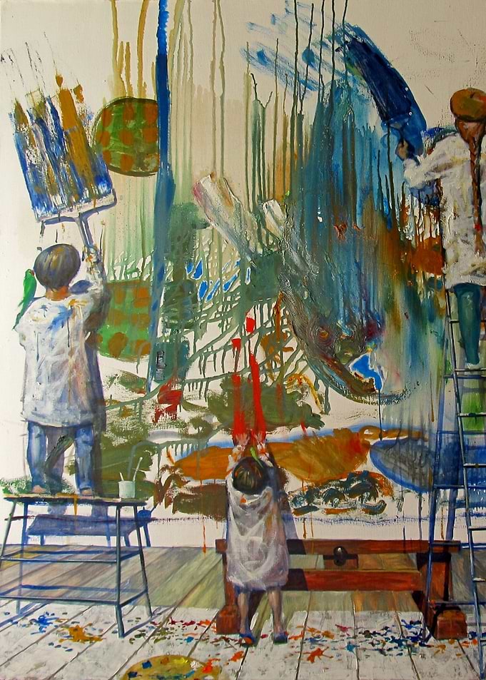 Children Painting a Large Abstract Mural