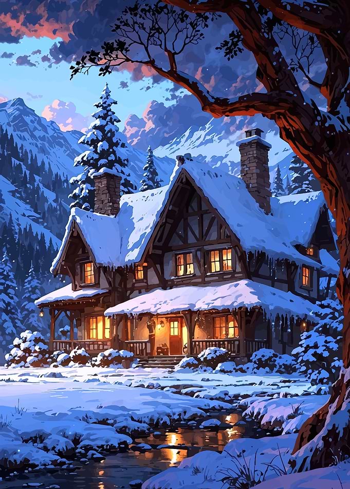 Cozy Winter Cabin at Twilight