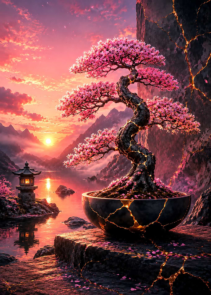 Kintsugi Bonsai Tree at Sunset
