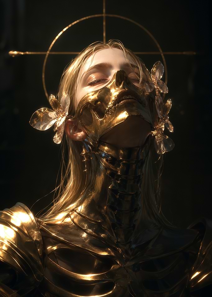 Golden Celestial Being with Floral Skull Mask