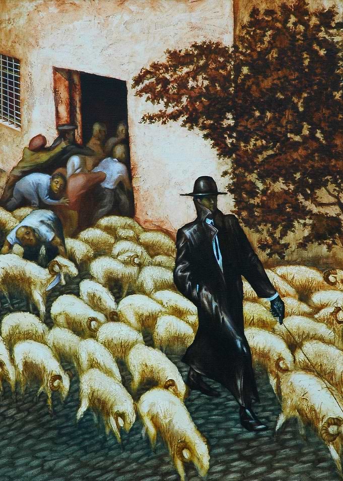 Man in Black Leading Sheep