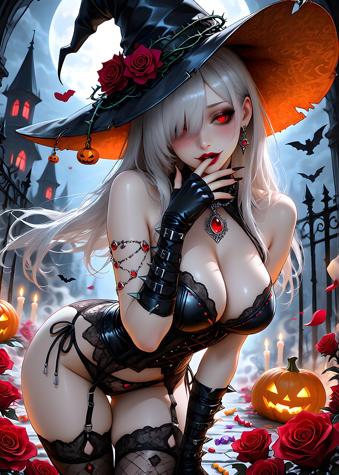 Sexy Halloween Witch with Red Roses