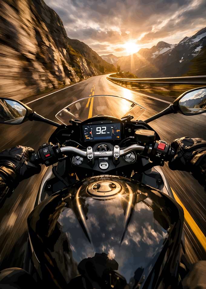 Motorcycle Riding Through Mountain Sunset