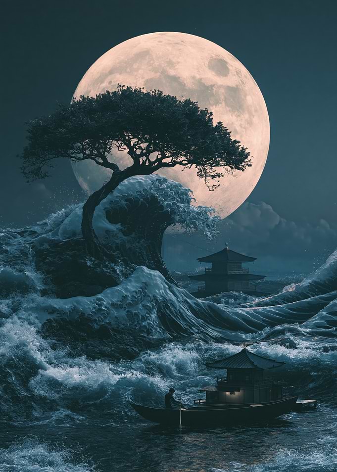 Lone Boat Amidst Giant Moonlit Waves