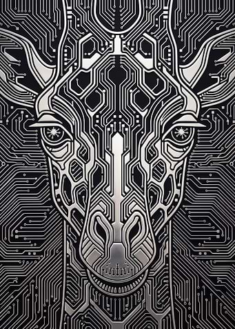 Silver electronic circuit board pattern giraffe face