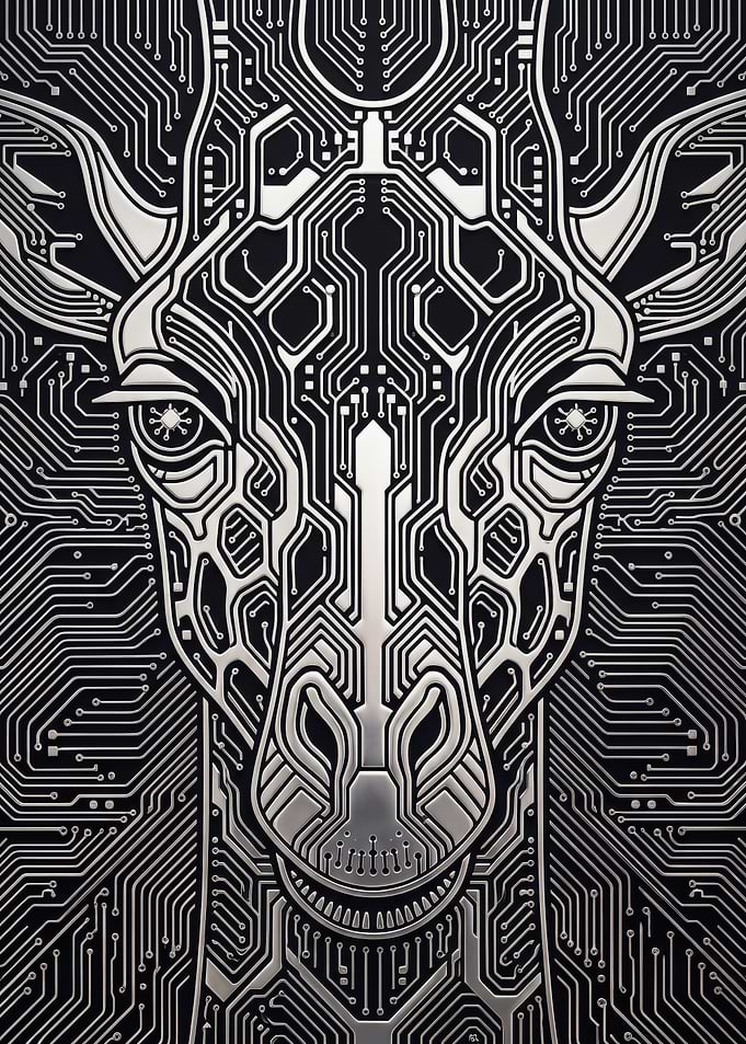 Silver electronic circuit board pattern giraffe face