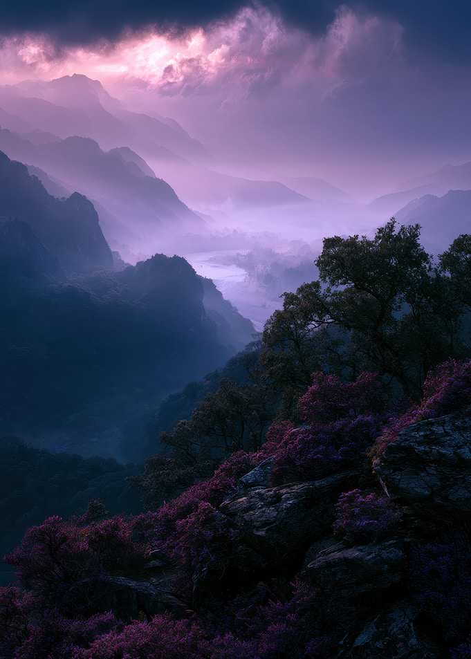 Ethereal Purple Mountain Valley Landscape