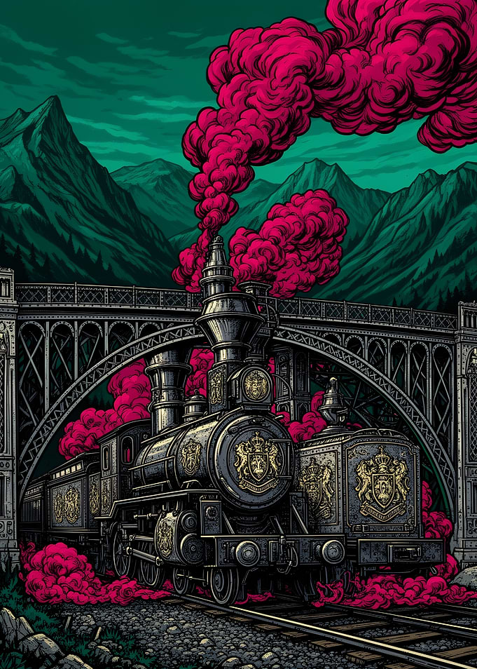 Ornate Steam Train in Mountain Landscape