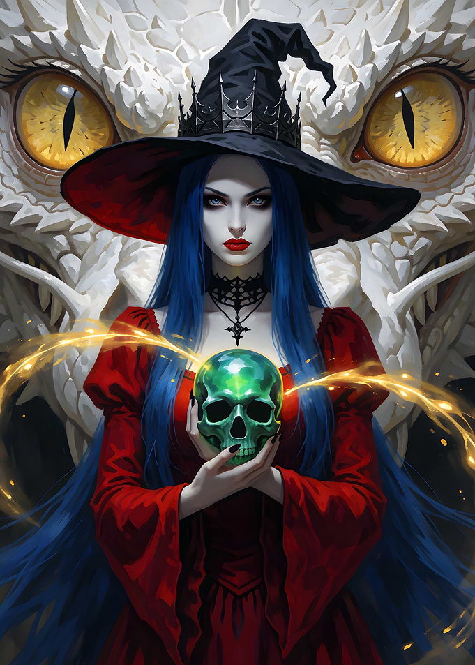 Witch with Glowing Skull and White Dragon