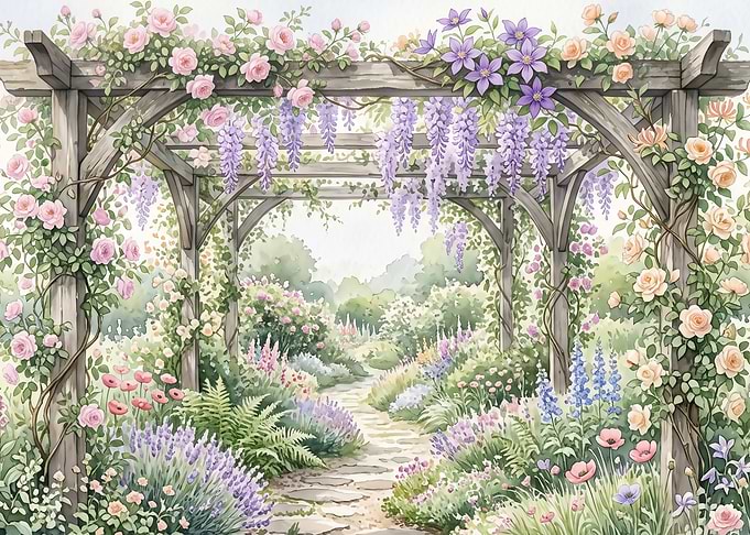 Watercolor Garden Pergola Path
