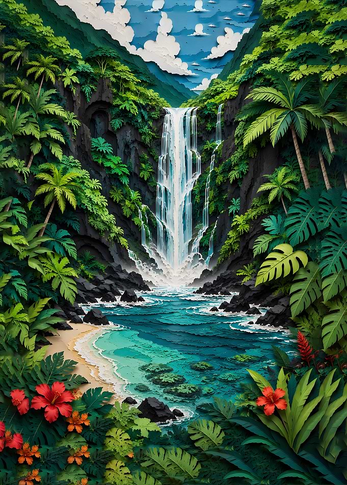 Tropical Cascade - Hawaiian Waterfall and Coastal Bay