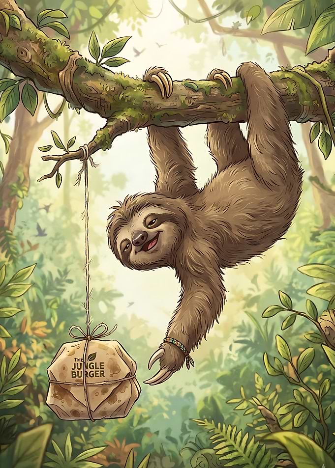 Sloth Hanging with Jungle Burger