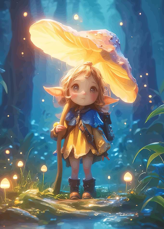 Cute Elf Girl with Mushroom Umbrella