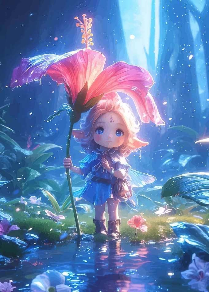 Cute Fairy Holding Giant Hibiscus