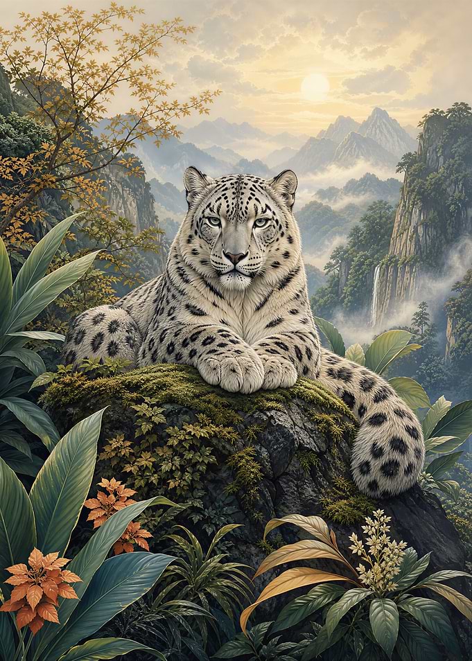 Majestic Snow Leopard in Mountain Landscape