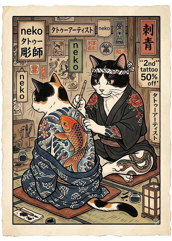 Cat Tattoo Artist Japanese Woodblock Print