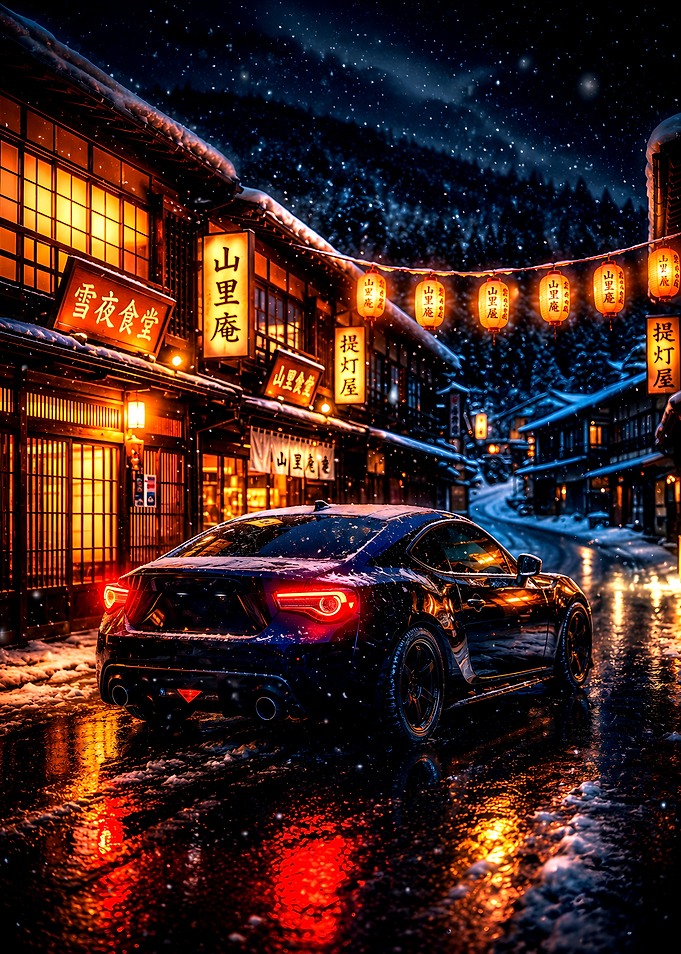 Sports Car in Snowy Japanese Village