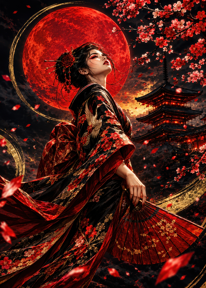 Geisha Under a Red Moon