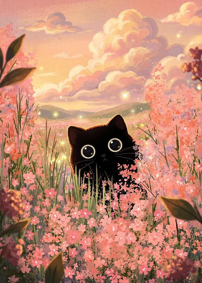 Cute Black Cat in Flower Field