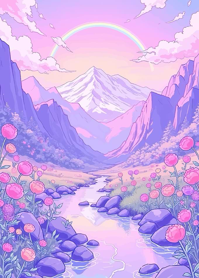 Pastel Mountain Landscape with Flowers