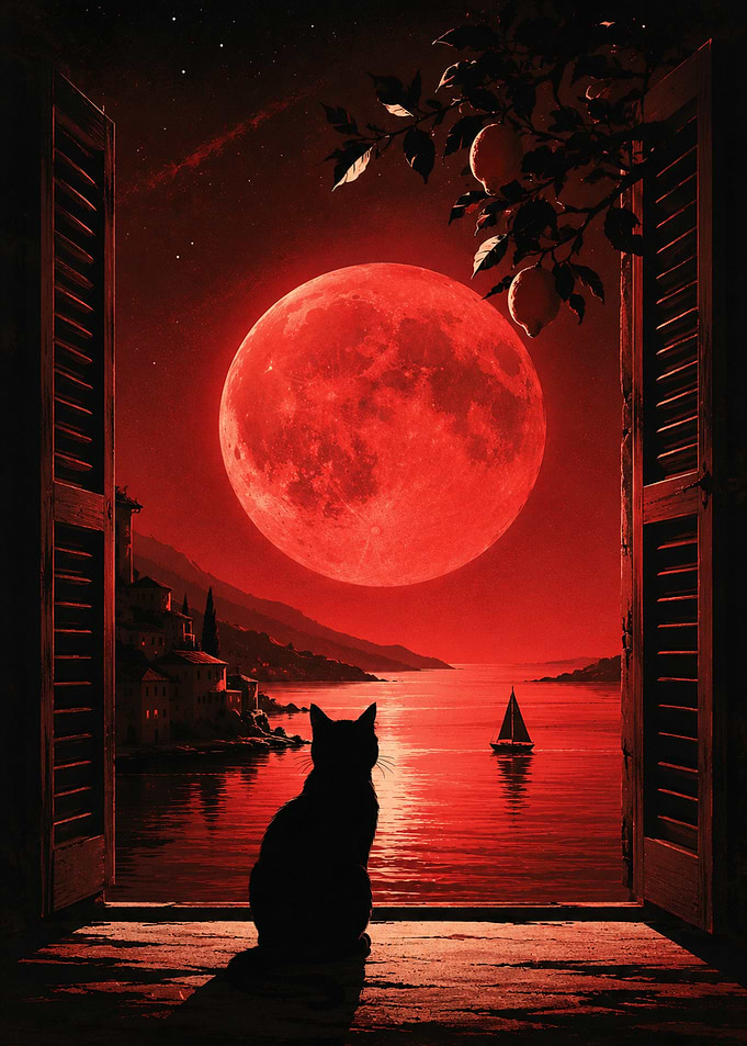 Black Cat Watching Red Moon