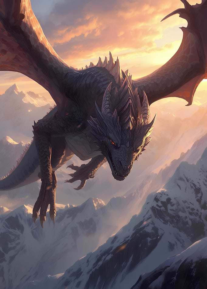 Majestic Dragon Flying Over Snowy Mountains