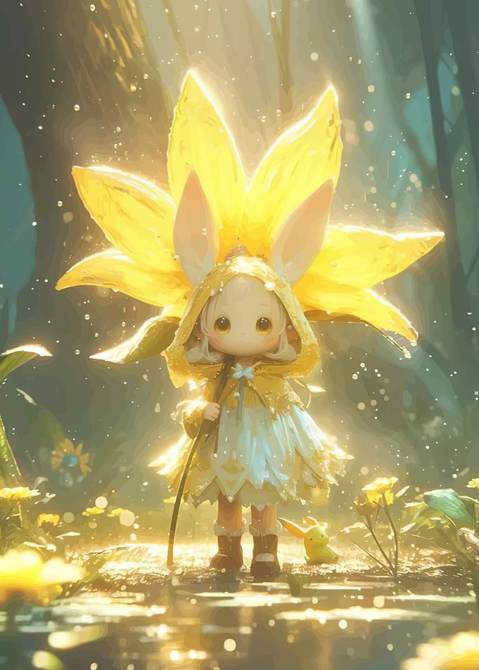 Cute Bunny Girl with Sunflower Halo