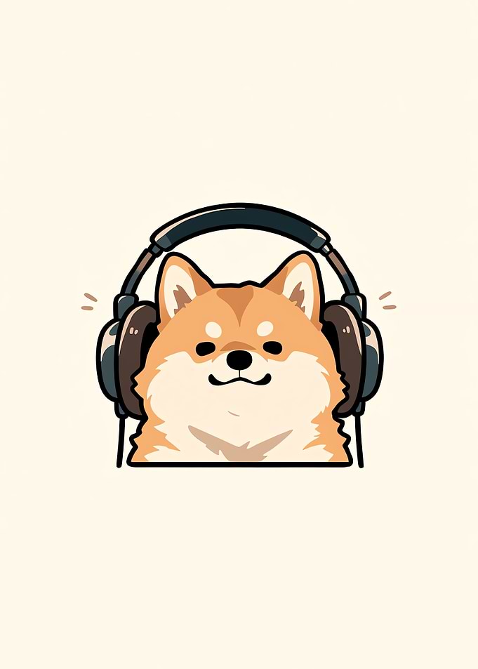 Cute shiba inu wearing headphones and listening to music