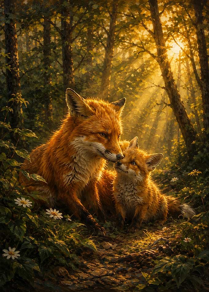 Mother Fox and Kit in Forest