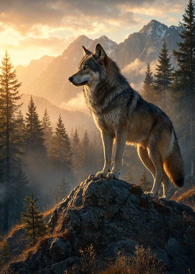 Majestic Wolf Standing on Mountain Rock