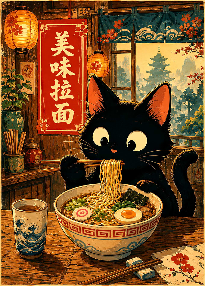 Cute Black Cat Eating Ramen