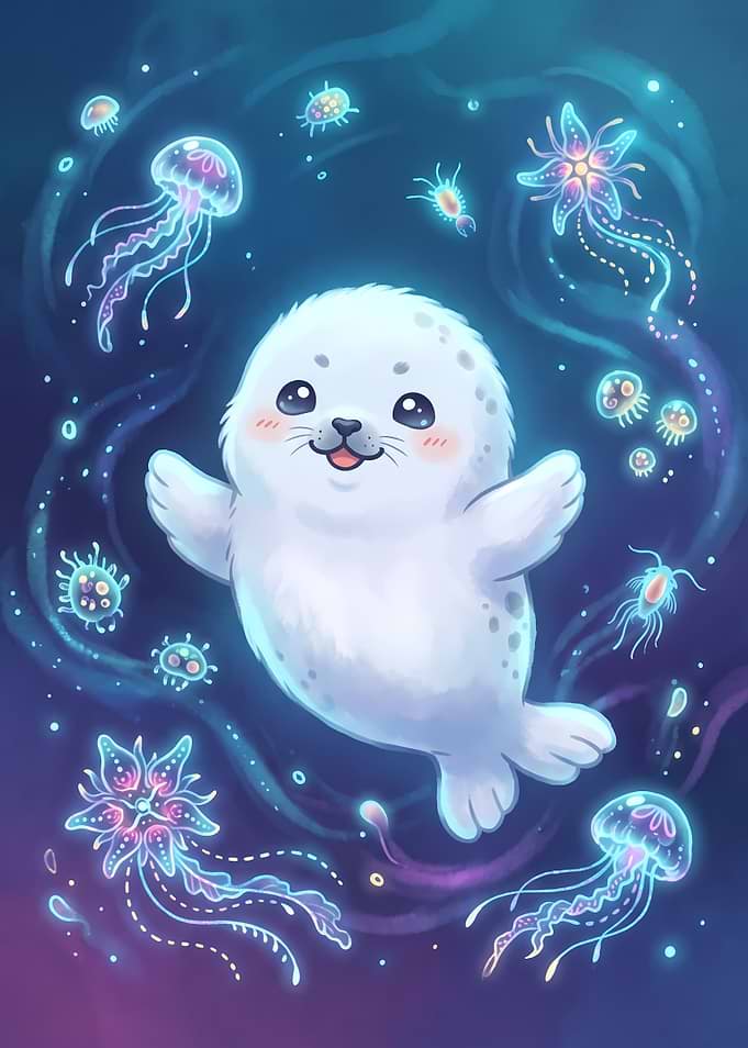 Cute Baby Seal Swimming with Jellyfish